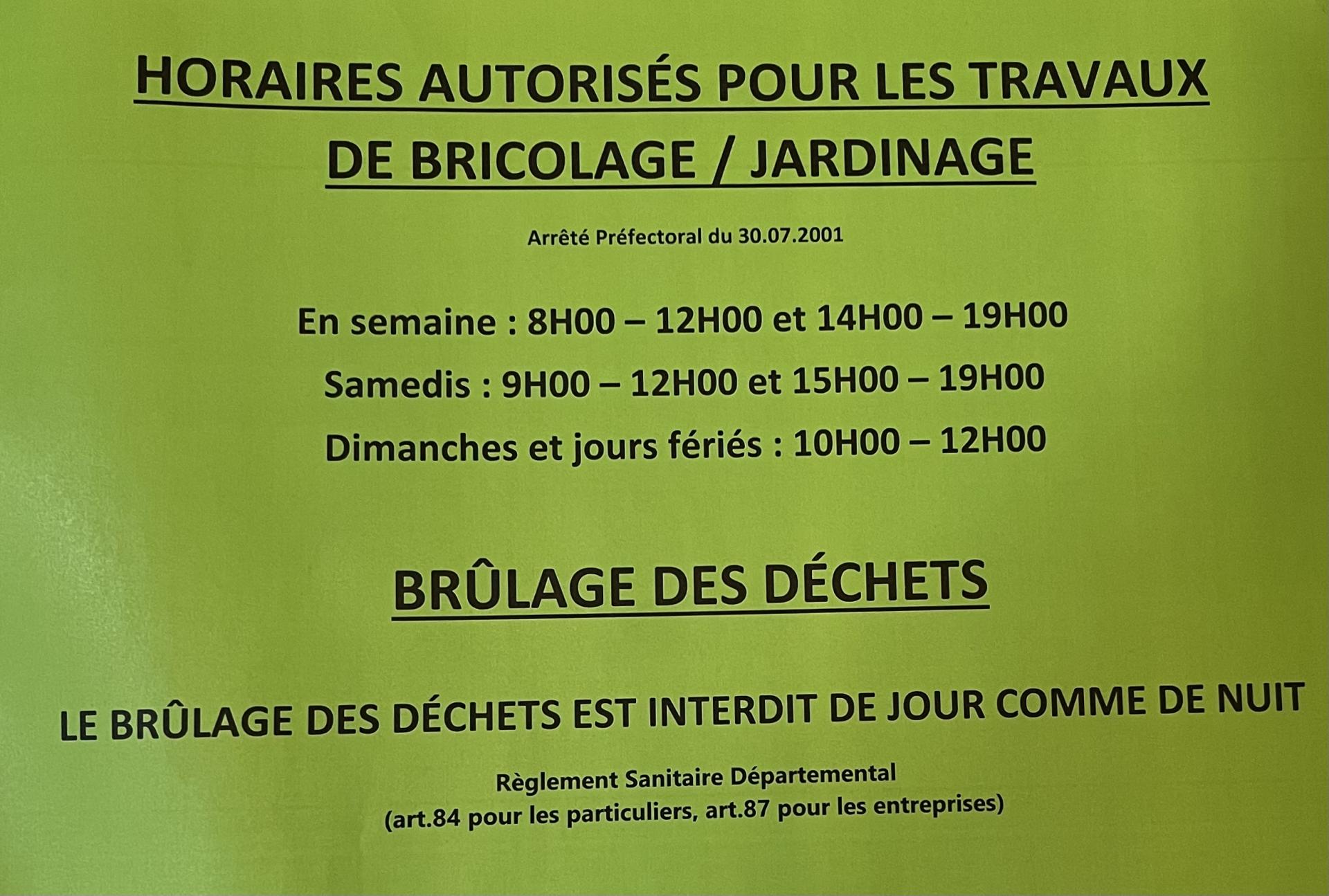 Rappel horaires pour travaux bricolage/jardinage